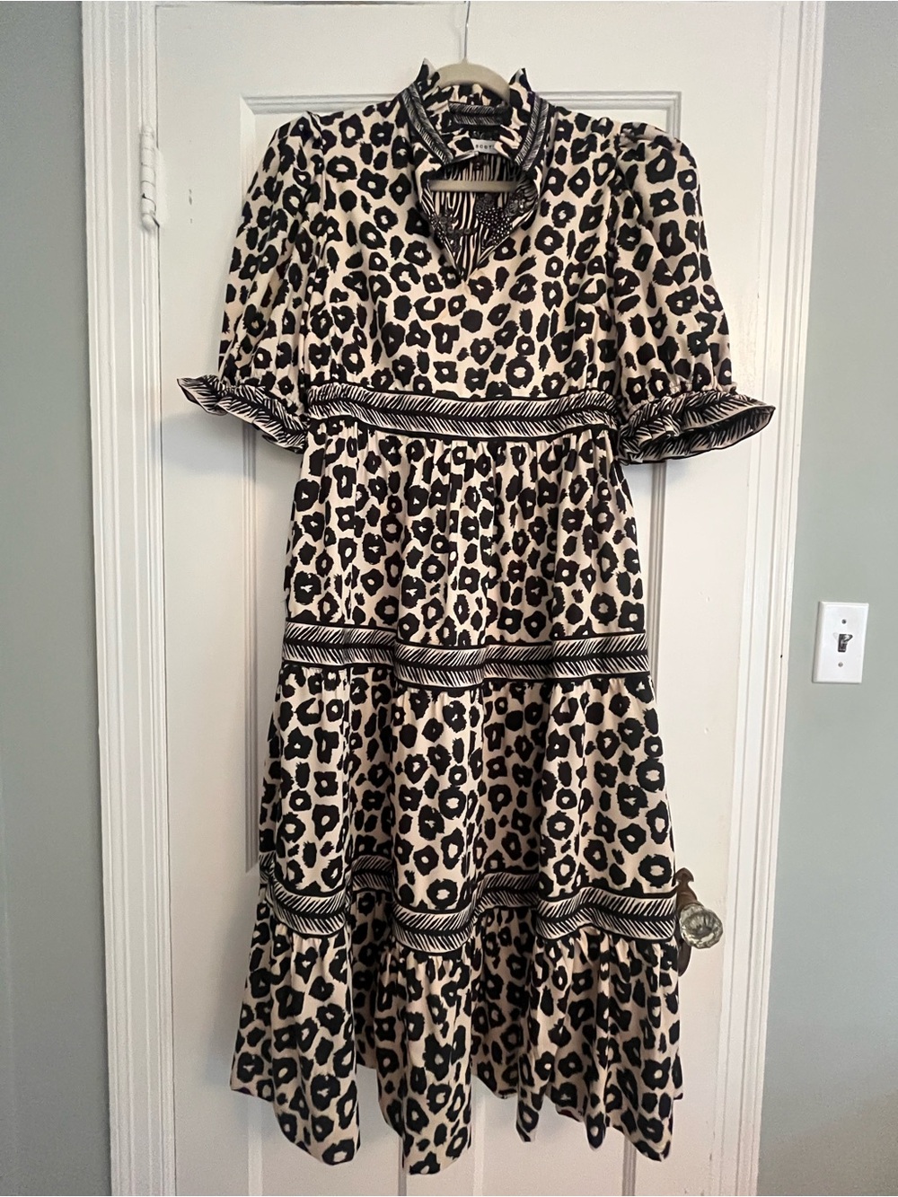 Gretchen Scott Designs Black & Cream Leopard Tiered Midi Dress